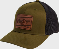 Rawlings Leather Patch Snapback Hat, Dark Green