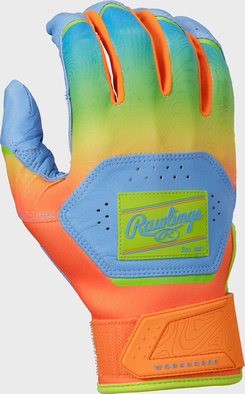 Rawlings Workhorse Columbia Blue/Orange Youth Fun Burst Batting Gloves